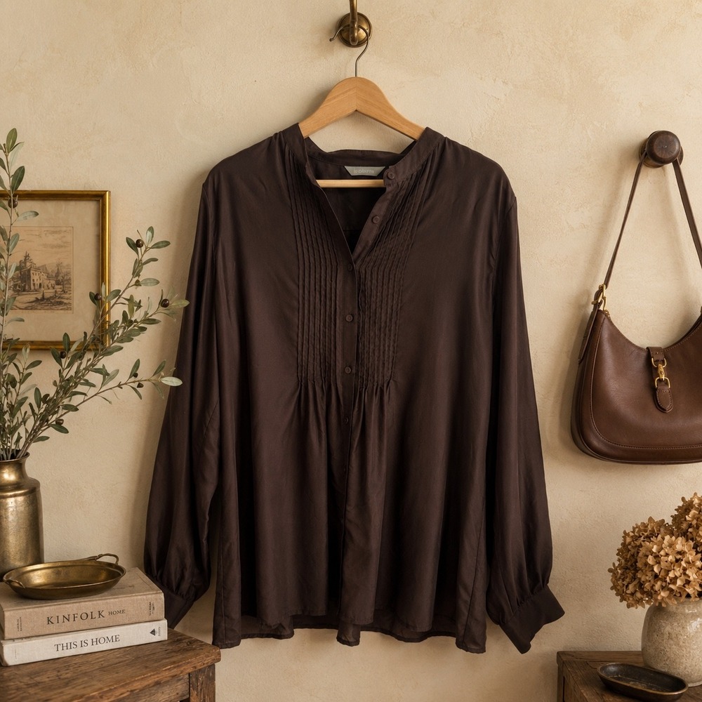 Liz Claiborne Silk Chocolate Brown Blouse XL Pleated Long Sleeve  Quiet Luxury